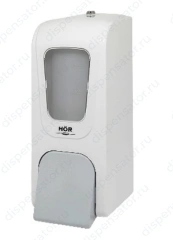 Дозатор для жидкого мыла X12 нажимной 1,2л БИЗНЕС, корпус белый, стекло прозрачное, кнопка серая, арт. HOR-41112613
