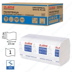 Полотенца бумажные LAIMA (H3) UNIVERSAL WHITE PLUS 250 шт. однослойные белые V-сложение